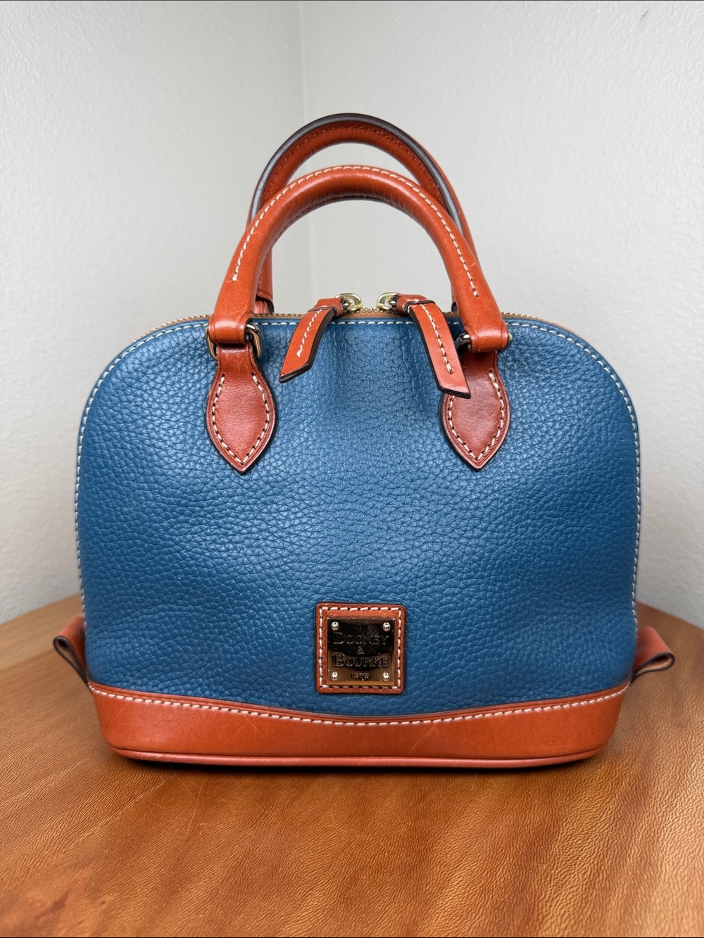 VTG Dooney & Bourke Bitsy Bag Satchel Pebble Grain Leather Blue Red Interior